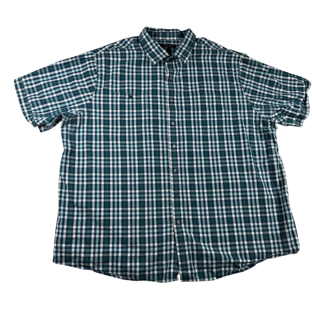 SYNRGY Men 3XL Short Sleeve Button Down Shirt Green Blue Plaid Cotton Pocket